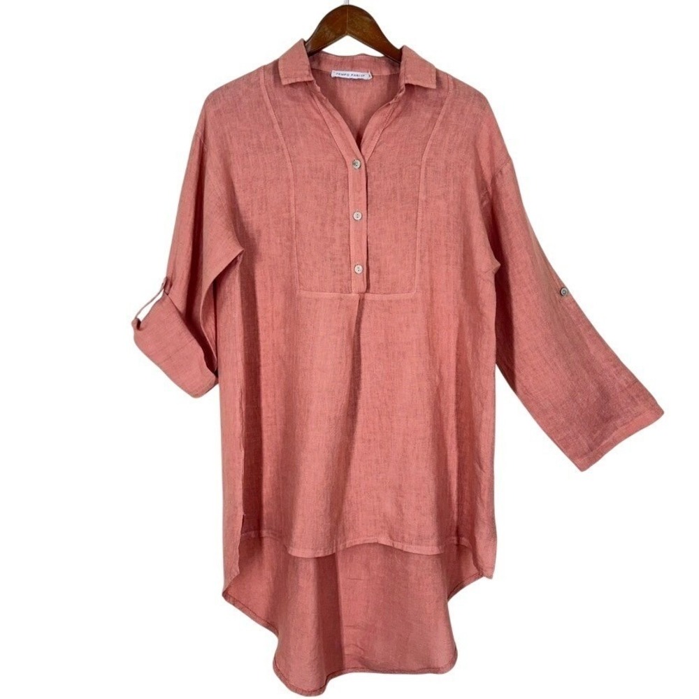 Tempo Paris Womens Tunic M Coral Linen High Low Roll Tab Sleeve Italy Lagenlook